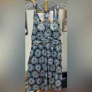 EUC India Boutique Navy Dress with Teal, Gold Accents built in Bra Open Back